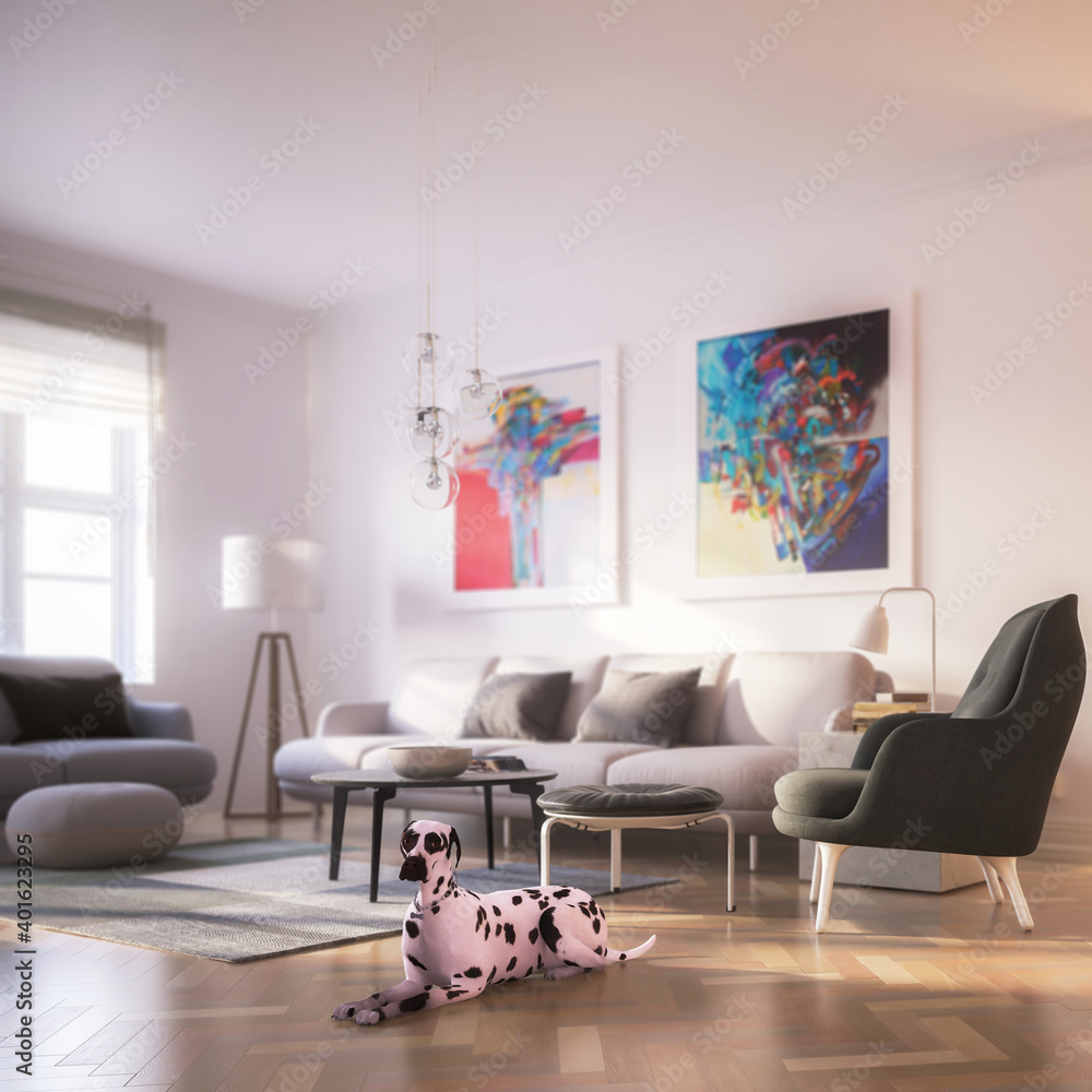 Modern Luxury Furnishings with a Dalmatian (focuesd) - 3d visualization