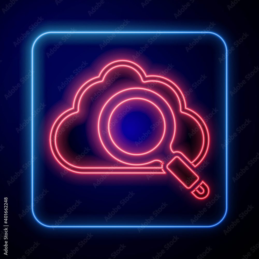 Glowing neon Search cloud computing icon isolated on blue background. Magnifying glass and cloud. Ve