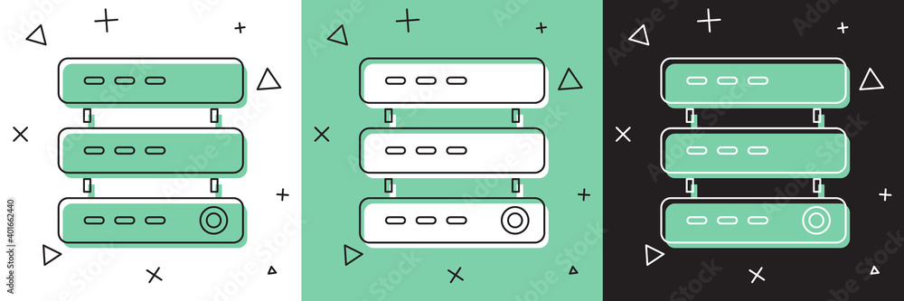 将服务器、数据、Web宿主图标隔离在白色、绿色、黑色背景上。矢量。