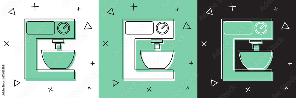 将电动搅拌器图标隔离在白色和绿色，黑色背景上。厨房搅拌器。矢量。