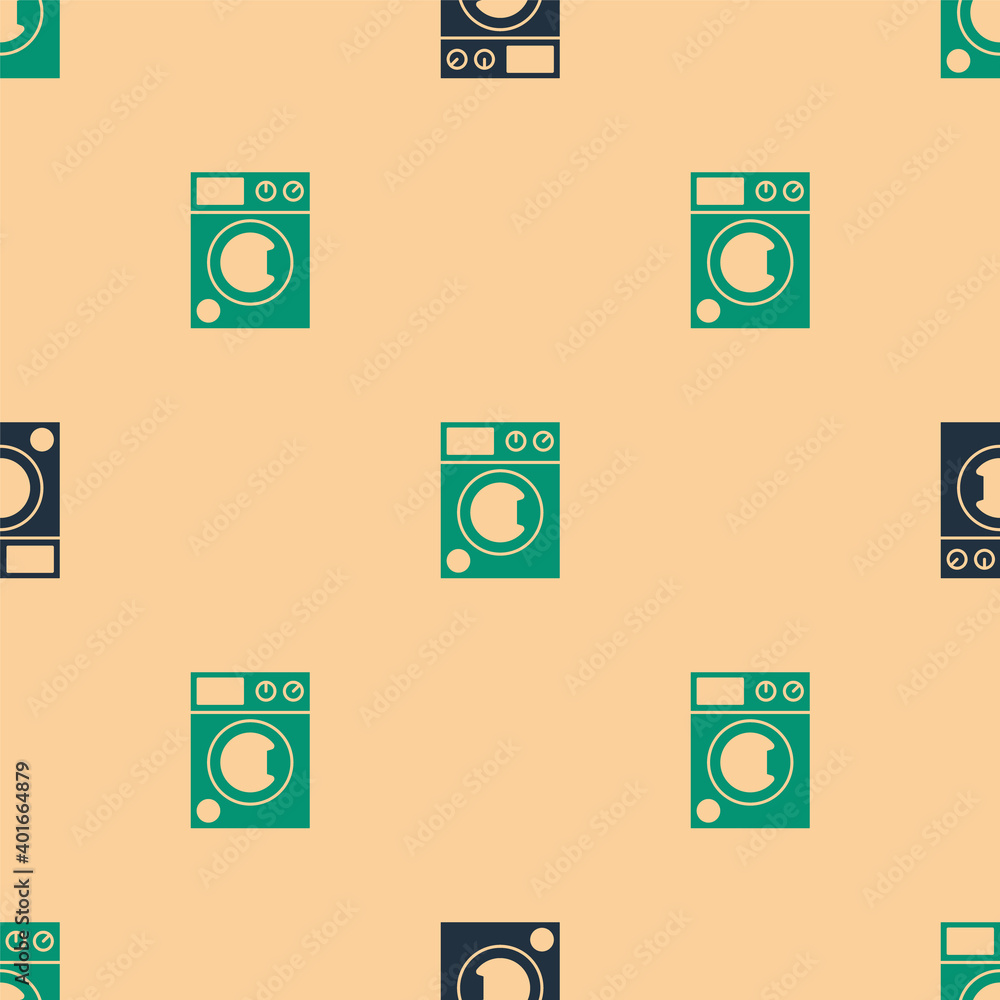 Green and black Washer icon isolated seamless pattern on beige background. Washing machine icon. Clo