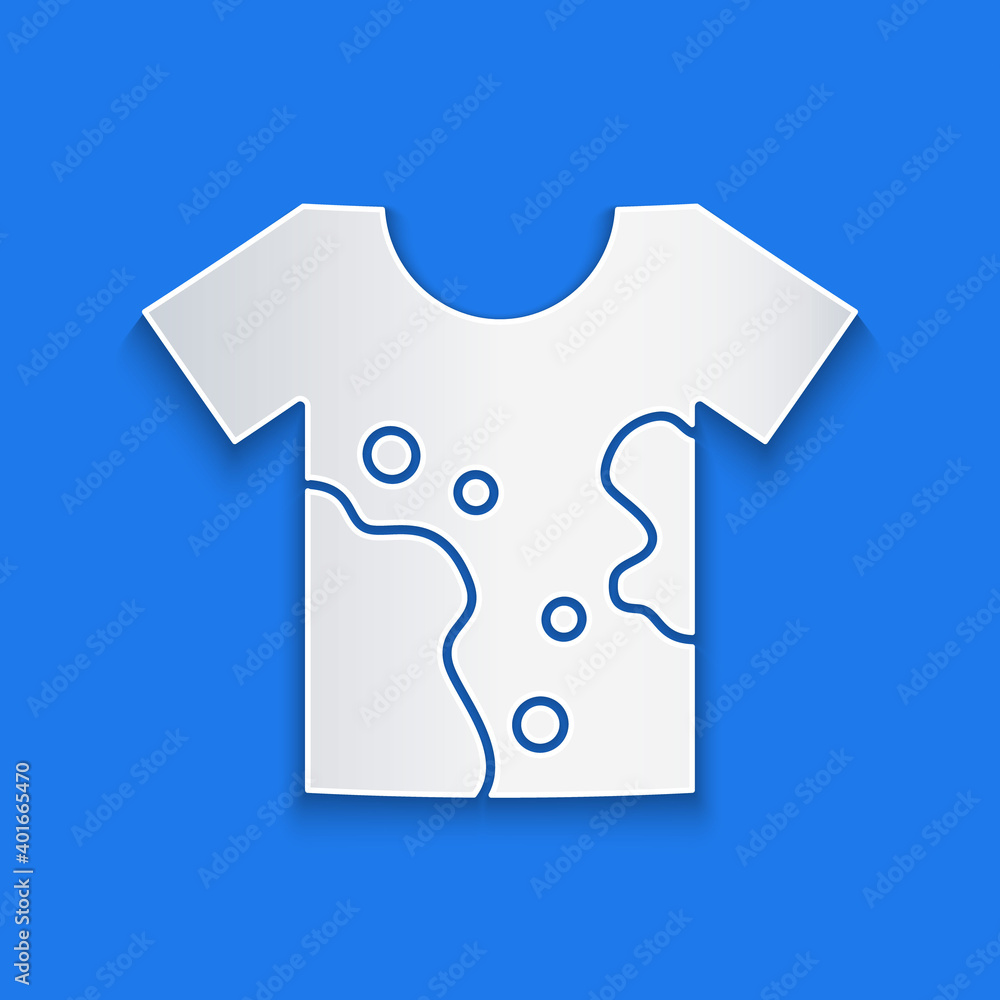 Paper cut Dirty t-shirt icon isolated on blue background. Paper art style. Vector.