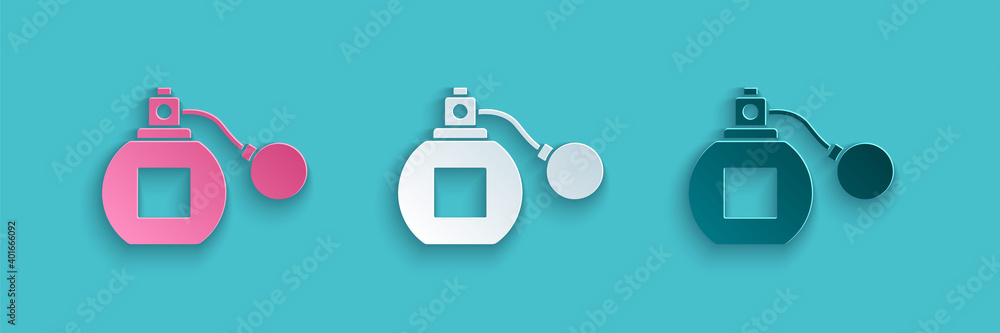 Paper cut Perfume icon isolated on blue background. Paper art style. Vector.