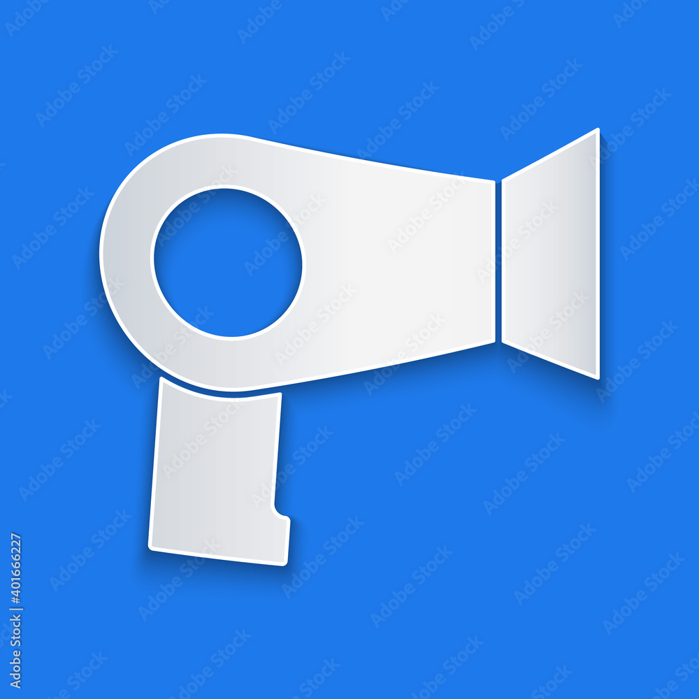 Paper cut Hair dryer icon isolated on blue background. Hairdryer sign. Hair drying symbol. Blowing h