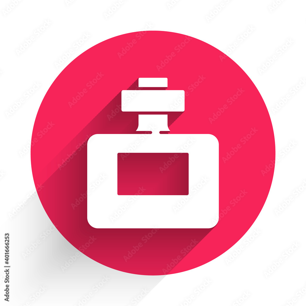 White Perfume icon isolated with long shadow. Red circle button. Vector.