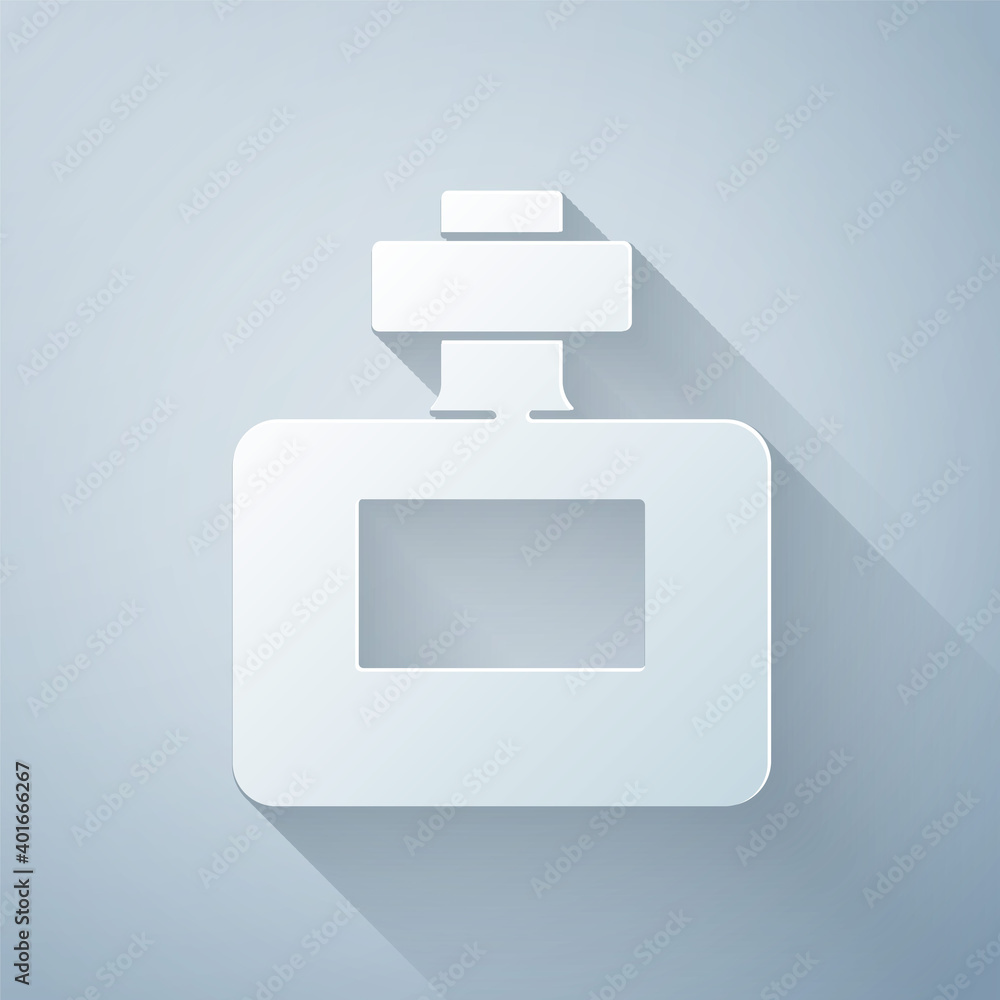 Paper cut Perfume icon isolated on grey background. Paper art style. Vector.