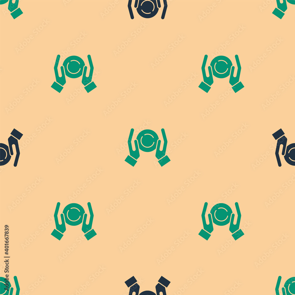 Green and black Magic ball on hand icon isolated seamless pattern on beige background. Crystal ball.