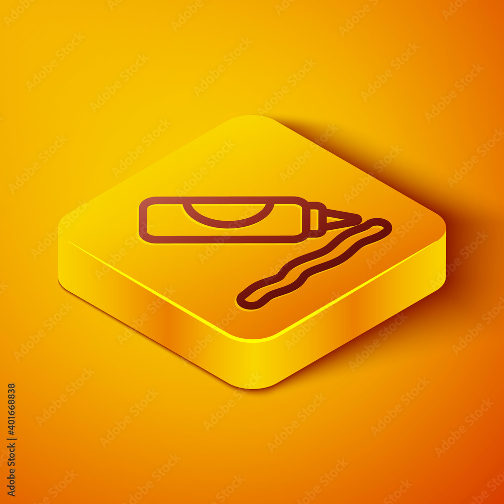 Isometric line Ketchup bottle icon isolated on orange background. Barbecue and BBQ grill symbol. Yel