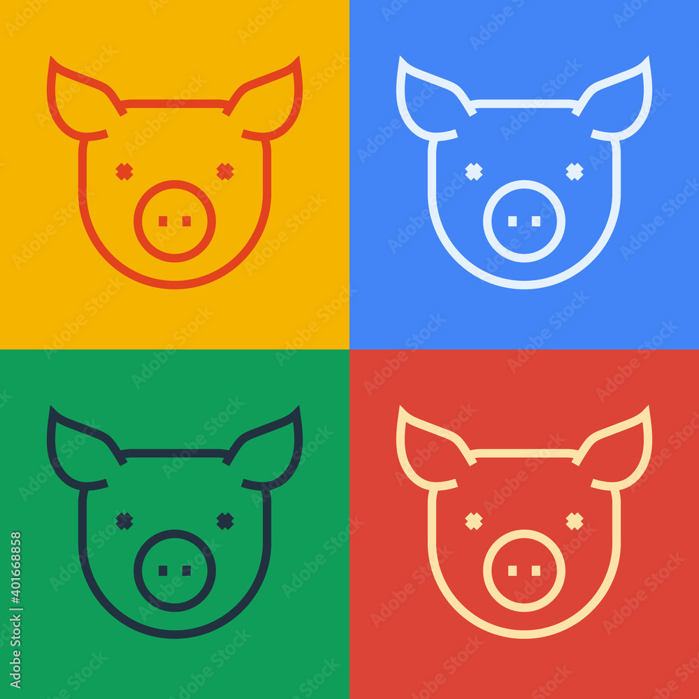 Pop art line Pig icon isolated on color background. Animal symbol. Vector.