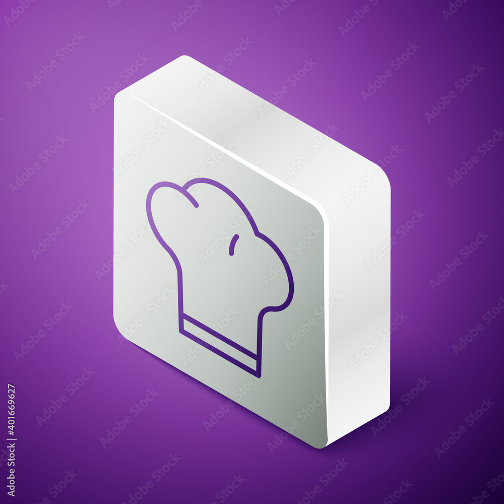 Isometric line Chef hat icon isolated on purple background. Cooking symbol. Cooks hat. Silver square