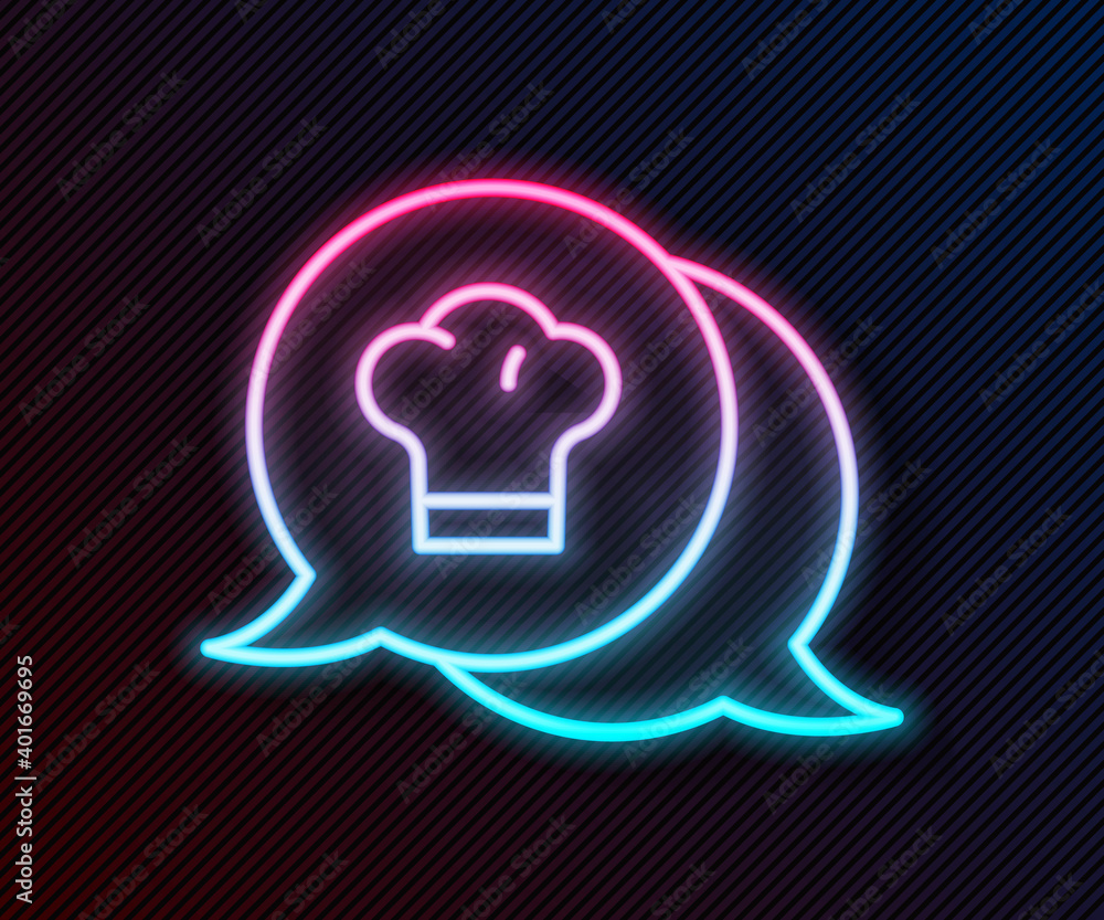 Glowing neon line Chef hat in speech bubble icon isolated on black background. Cooking symbol. Cooks