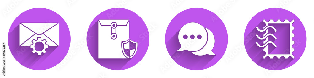 Set Envelope setting, Envelope with shield, Speech bubble chat and Postal stamp icon with long shado