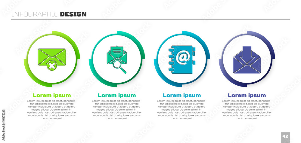 Set Delete envelope, Envelope with magnifying glass, Address book and Envelope. Business infographic