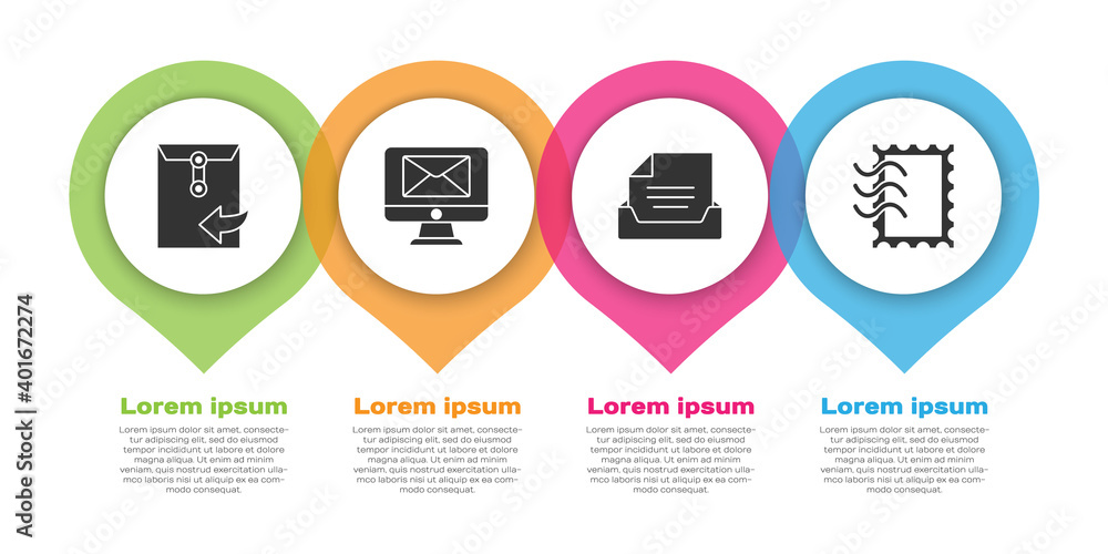 Set Envelope, Monitor and envelope, Drawer with document and Postal stamp. Business infographic temp