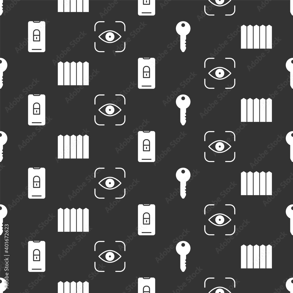 Set Key, Garden fence wooden, Mobile with closed padlock and Eye scan on seamless pattern. Vector.