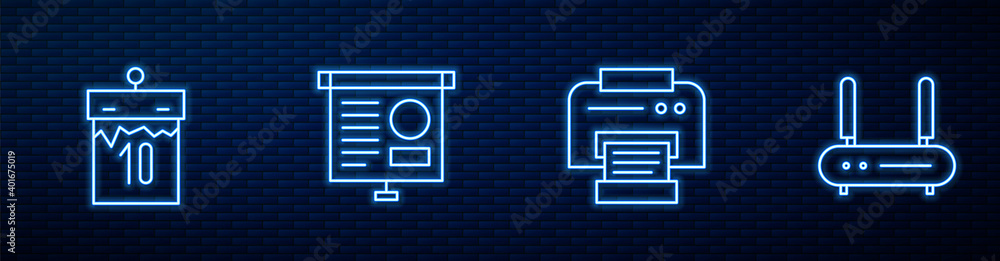 设置行式打印机、日历、带图表的黑板、路由器和无线网络信号。发光霓虹灯图标o