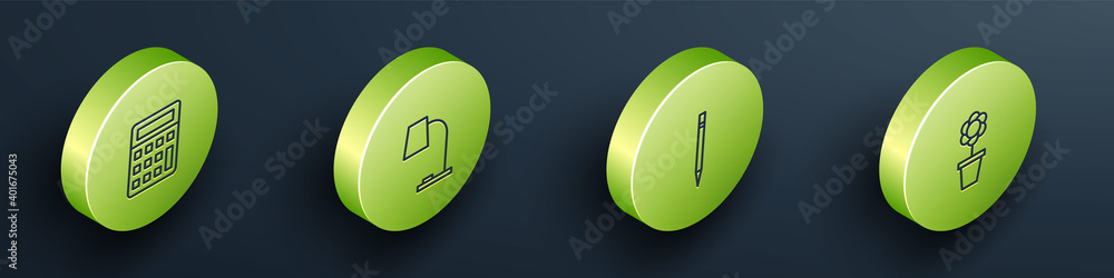 Set Isometric Calculator, Table lamp, Pencil with eraser and Flower in pot icon. Vector.