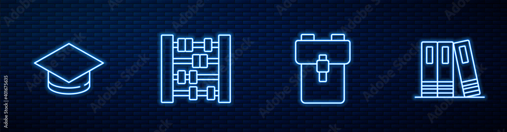 套装学校背包、毕业帽、算盘和办公室文件夹。砖墙上闪闪发光的霓虹灯图标