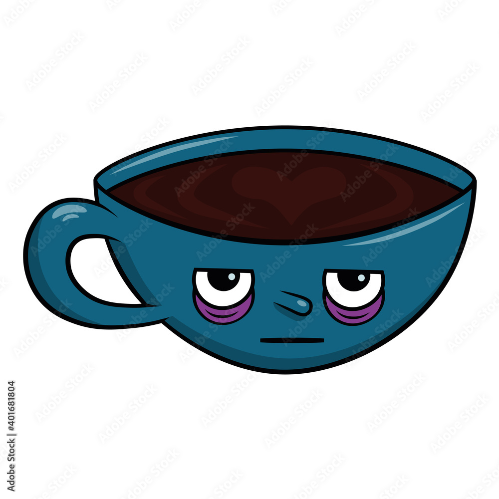 simple vector eps illustration icon of a blue cup of coffee tea with disappointed sleepy eyes and no