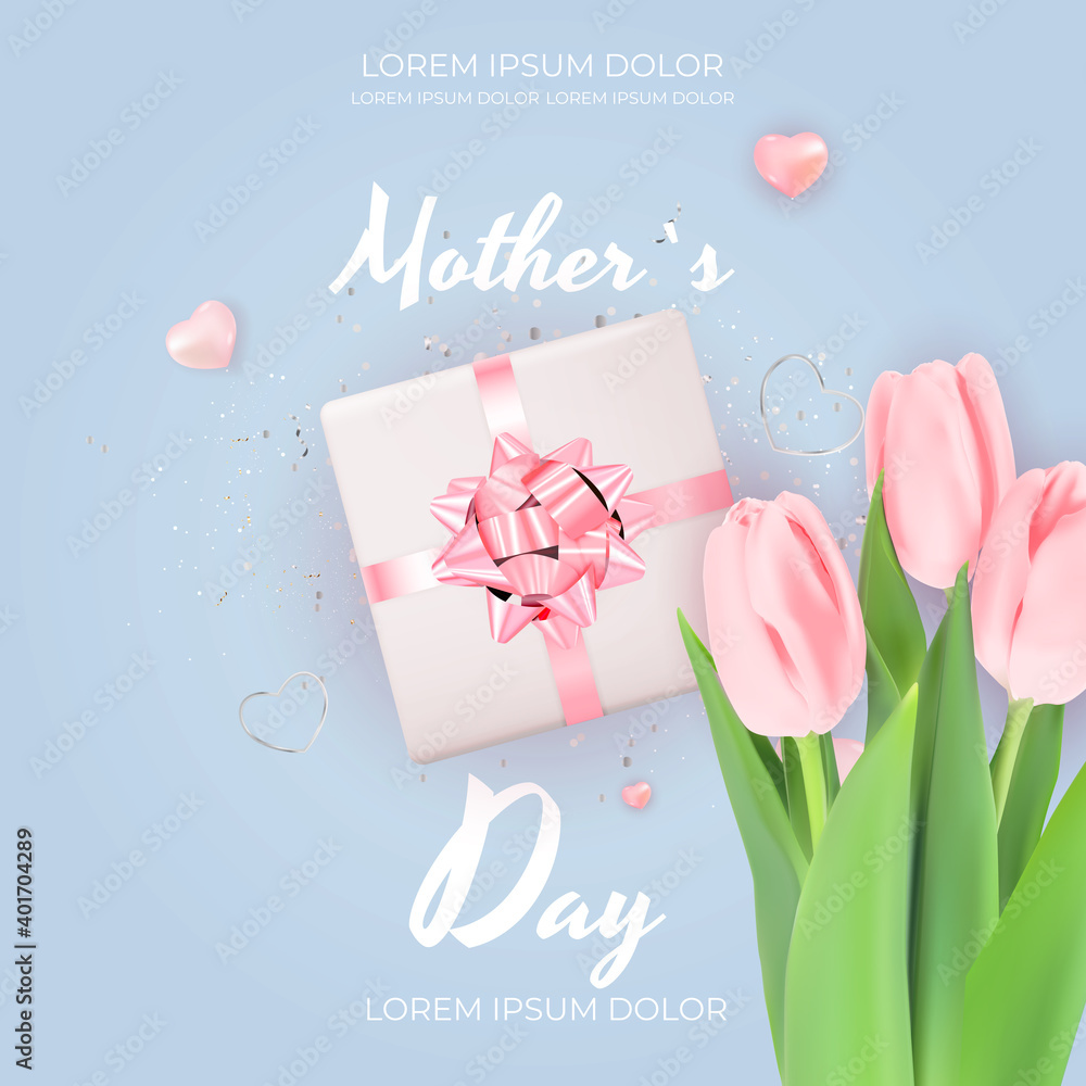 Happy Mother`s Day Card with Realistic Tulip Flowers. Vector Illustration EPS10