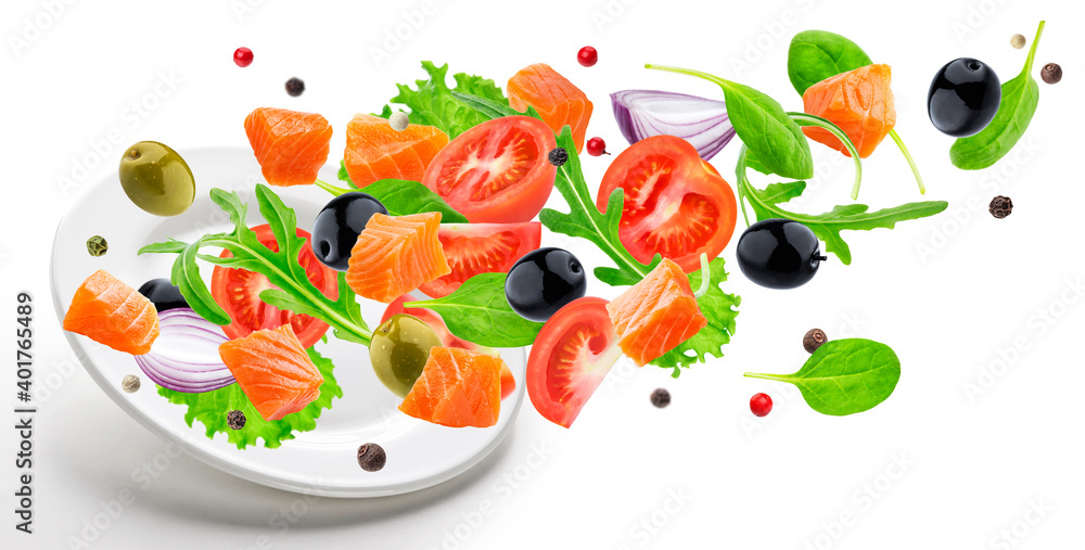 Flying salmon salad isolated on white background