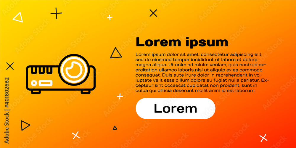 线条演示、电影、电影、媒体投影仪图标隔离在黄色背景上。彩色轮廓