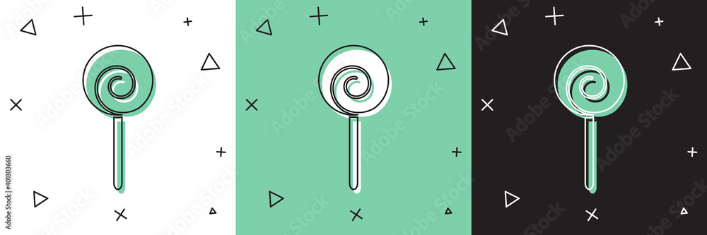 Set Lollipop icon isolated on white and green, black background. Food, delicious symbol. Vector Illu