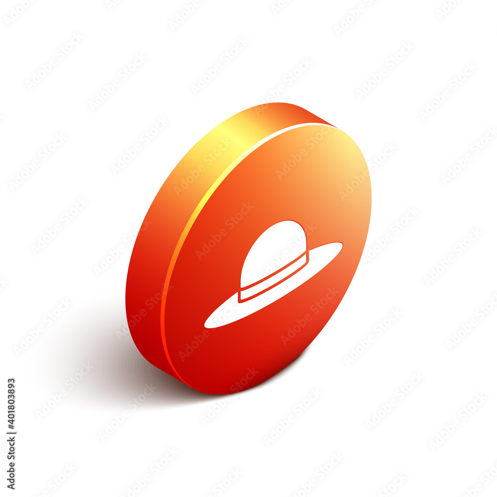 Isometric Elegant women hat icon isolated on white background. Orange circle button. Vector Illustra