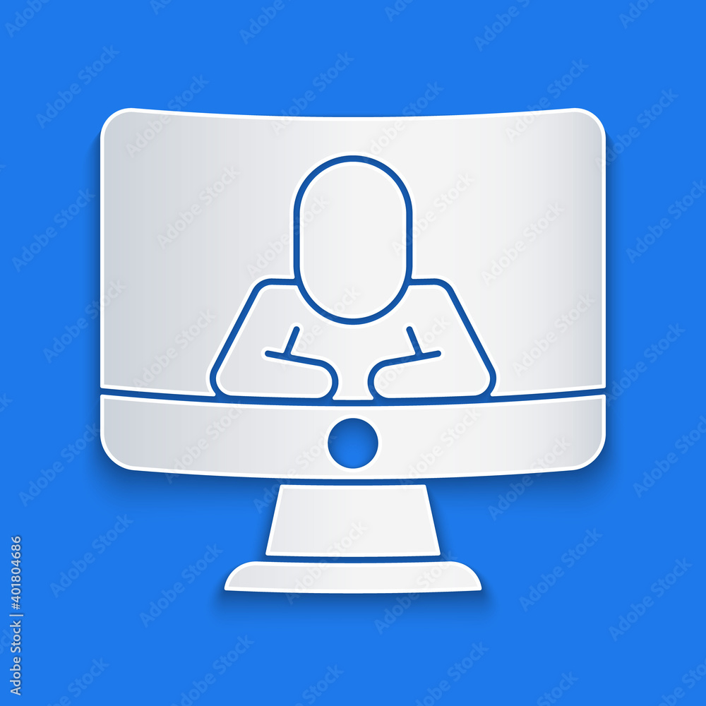 Paper cut Online psychological counseling distance icon isolated on blue background. Psychotherapy, 