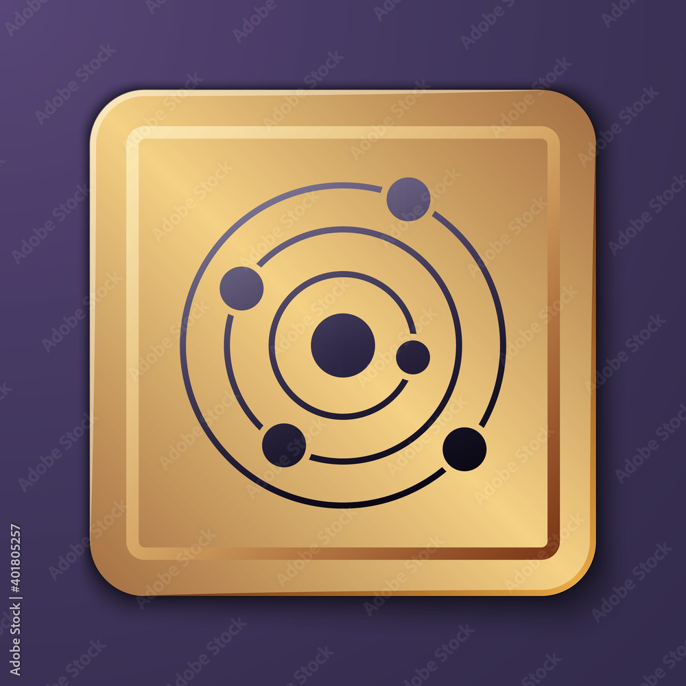 Purple Solar system icon isolated on purple background. The planets revolve around the star. Gold sq