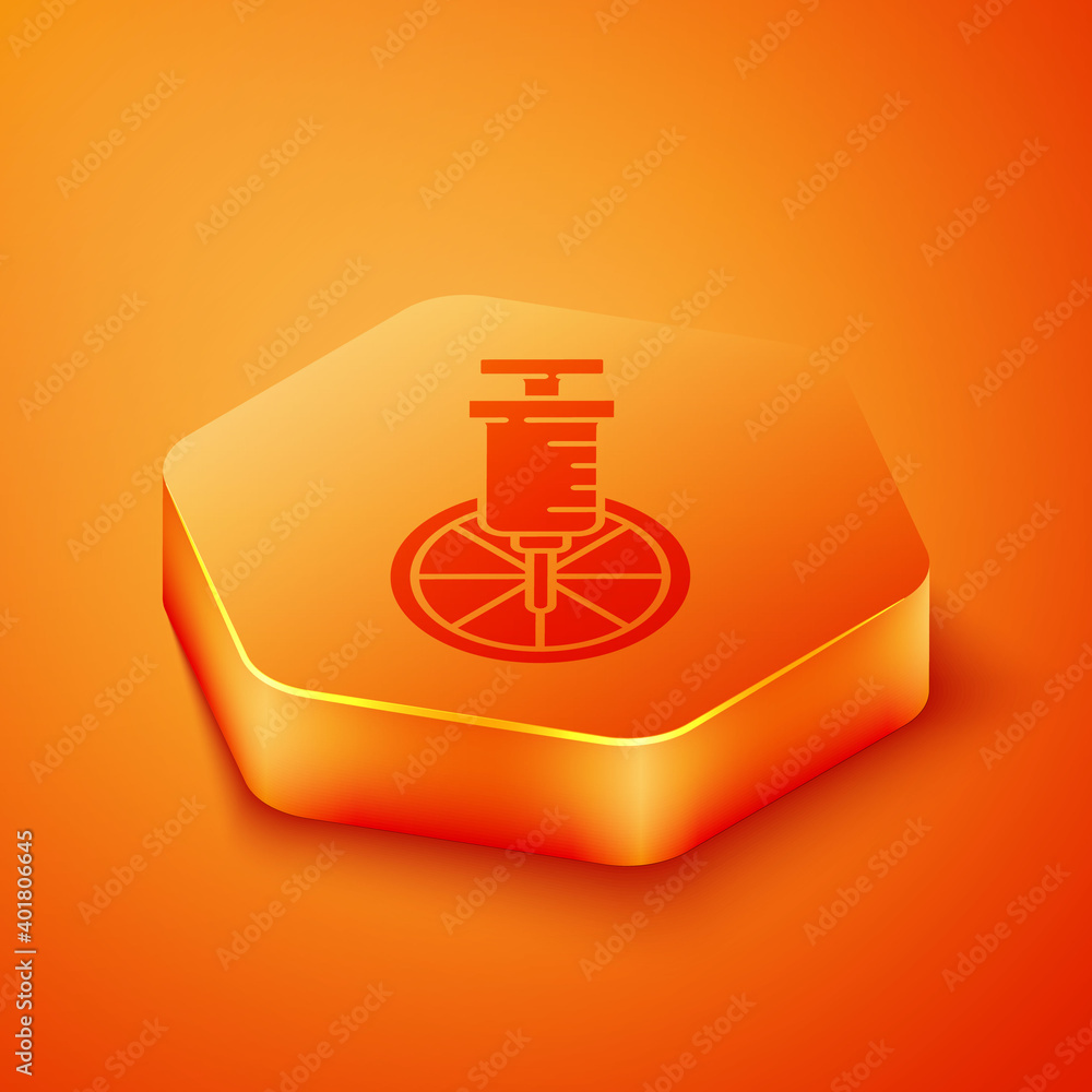 Isometric Genetically modified citrus fruit icon isolated on orange background. Orange in a cut. Hea