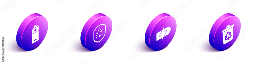 Set Isometric Battery, Recycle symbol inside shield, Battery and Recycle bin with recycle icon. Vect