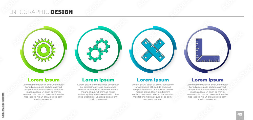 Set Circular saw blade, Gear, Crossed ruler and Corner ruler. Business infographic template. Vector.