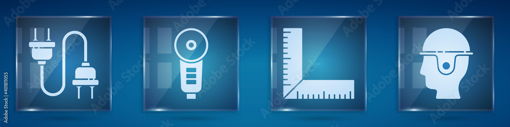 设置电插头、角磨机、角尺和工人安全帽。方形玻璃面板。矢量