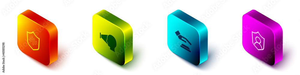 Set Isometric Shield voice recognition, Face, Palm print and User protection icon. Vector.