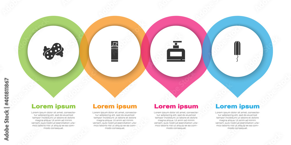 套装海绵、剃须凝胶泡沫、洗发水瓶和卫生棉条。商业信息图模板。