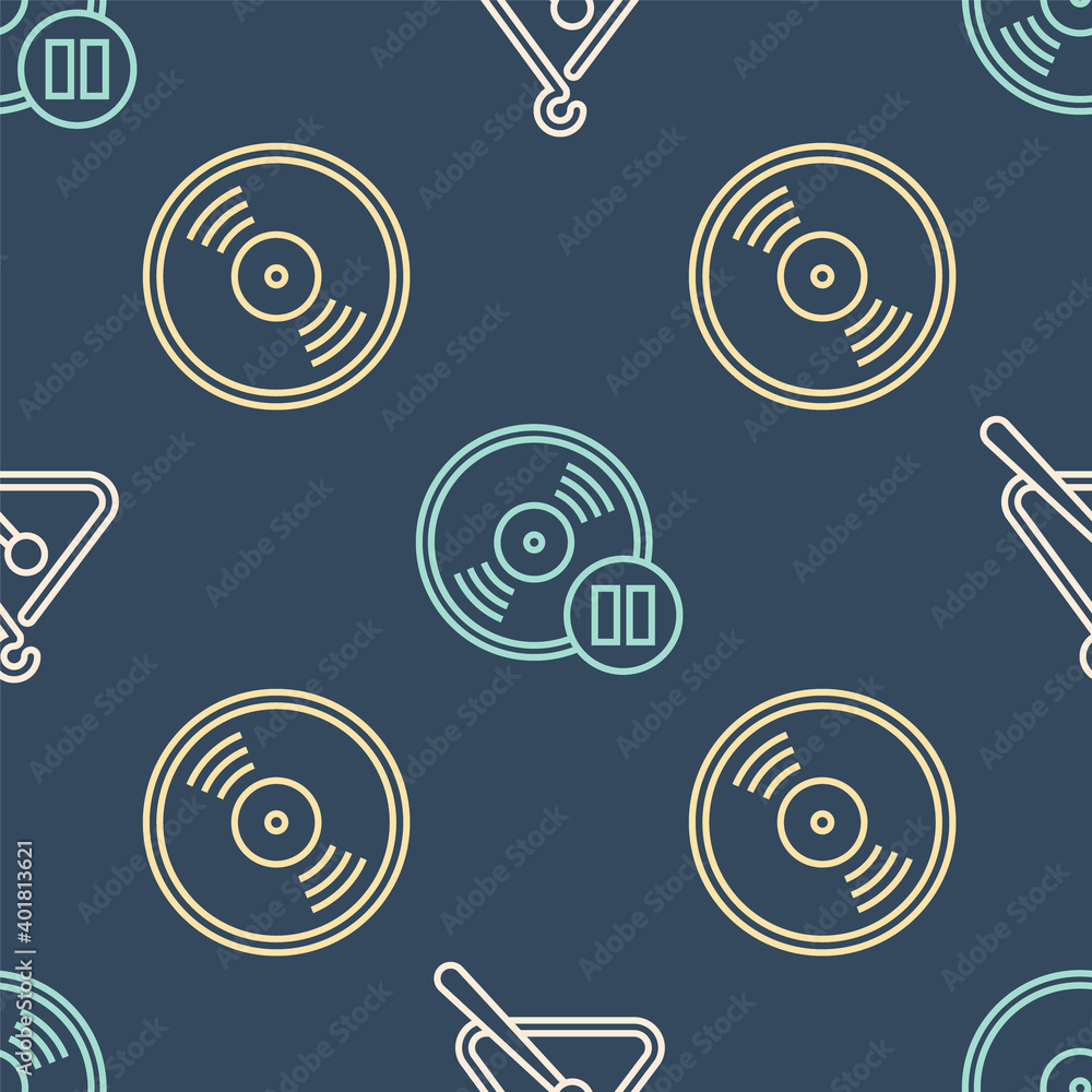 Set line Triangle musical instrument, Vinyl disk and Vinyl disk on seamless pattern. Vector.