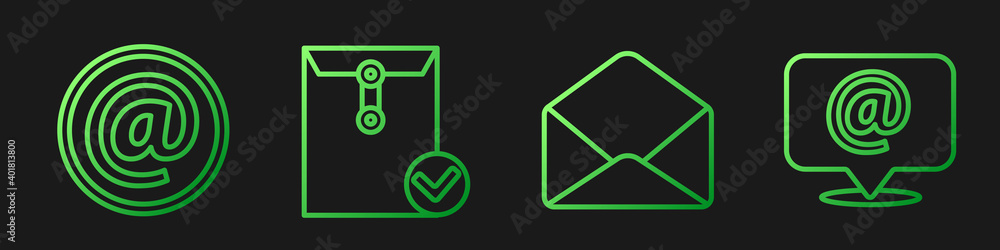 Set line Envelope, Mail and e-mail, Envelope and check mark and Mail and e-mail on speech bubble. Gr