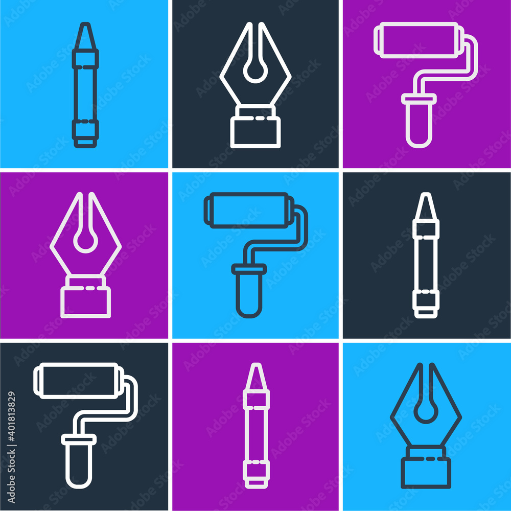 Set line Wax crayons for drawing, Paint roller brush and Fountain pen nib icon. Vector.