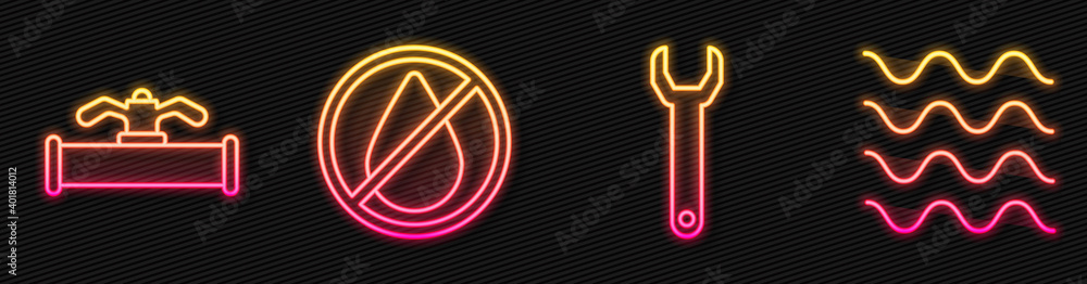 Set line Wrench spanner, Industry pipe and valve, Water drop forbidden and Wave. Glowing neon icon. 