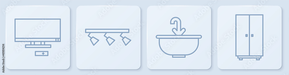 设线智能电视、带水龙头的洗手盆、Led轨道灯和灯具以及衣柜。白色方块b