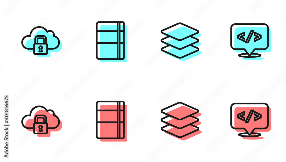 Set line Layers, Cloud computing lock, Sketchbook or album and Front end development icon. Vector.