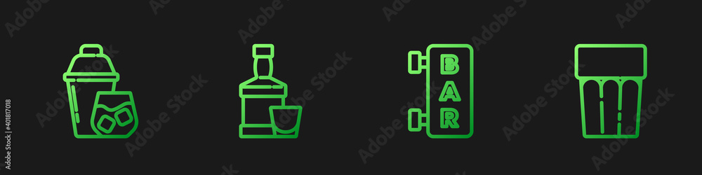 设置带有酒吧、鸡尾酒摇壶、威士忌瓶、玻璃和玻璃水的街道招牌。Gradi