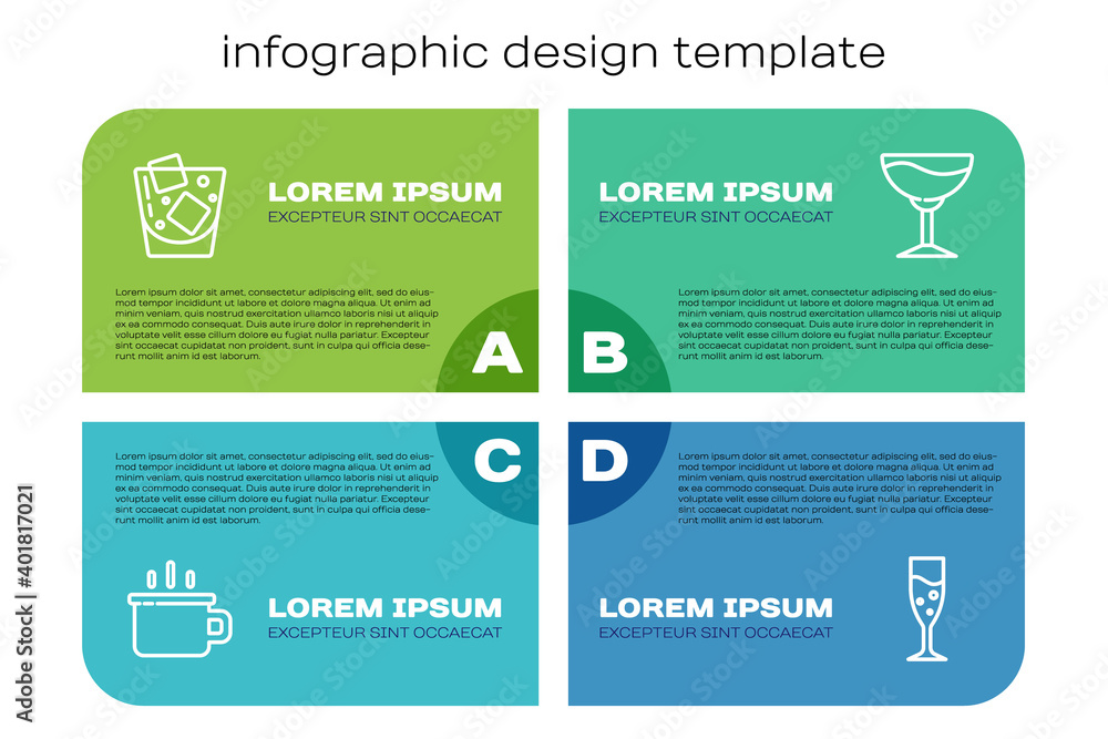 套装咖啡杯，玻璃杯威士忌，香槟和酒杯。商业信息图模板。矢量。