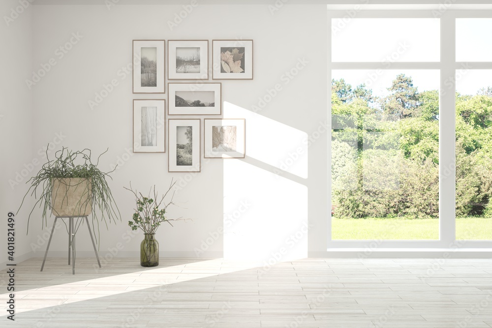 Stylish empty room in white color with summer landscape in window. Scandinavian interior design. 3D 