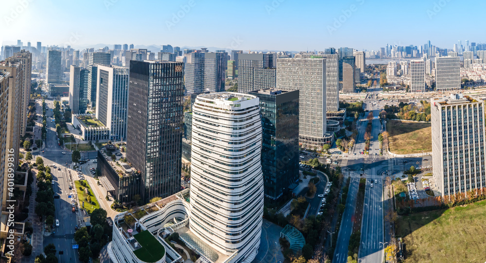 Aerial photography of the skyline of modern urban architectural landscape in Hangzhou, China..