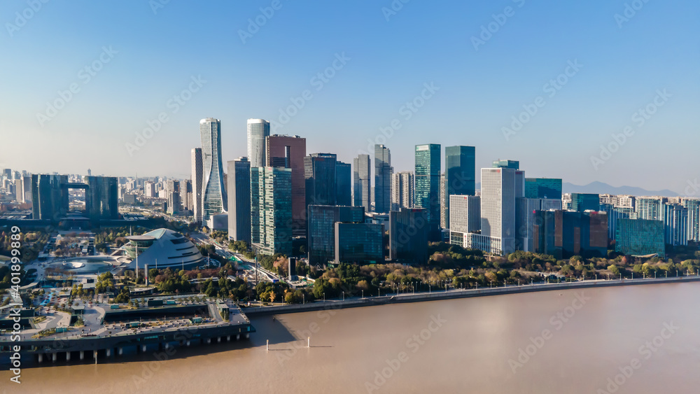 Aerial photography of the skyline of modern urban architectural landscape in Hangzhou, China..