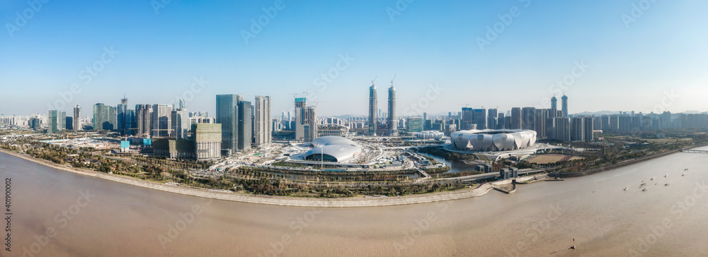 Aerial photography of the skyline of modern urban architectural landscape in Hangzhou, China..