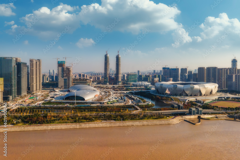 Aerial photography of the skyline of modern urban architectural landscape in Hangzhou, China..