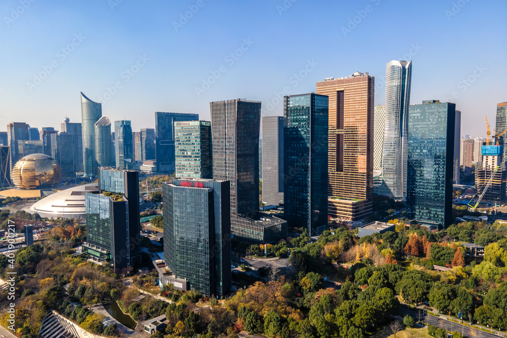 Aerial photography of the skyline of modern urban architectural landscape in Hangzhou, China..